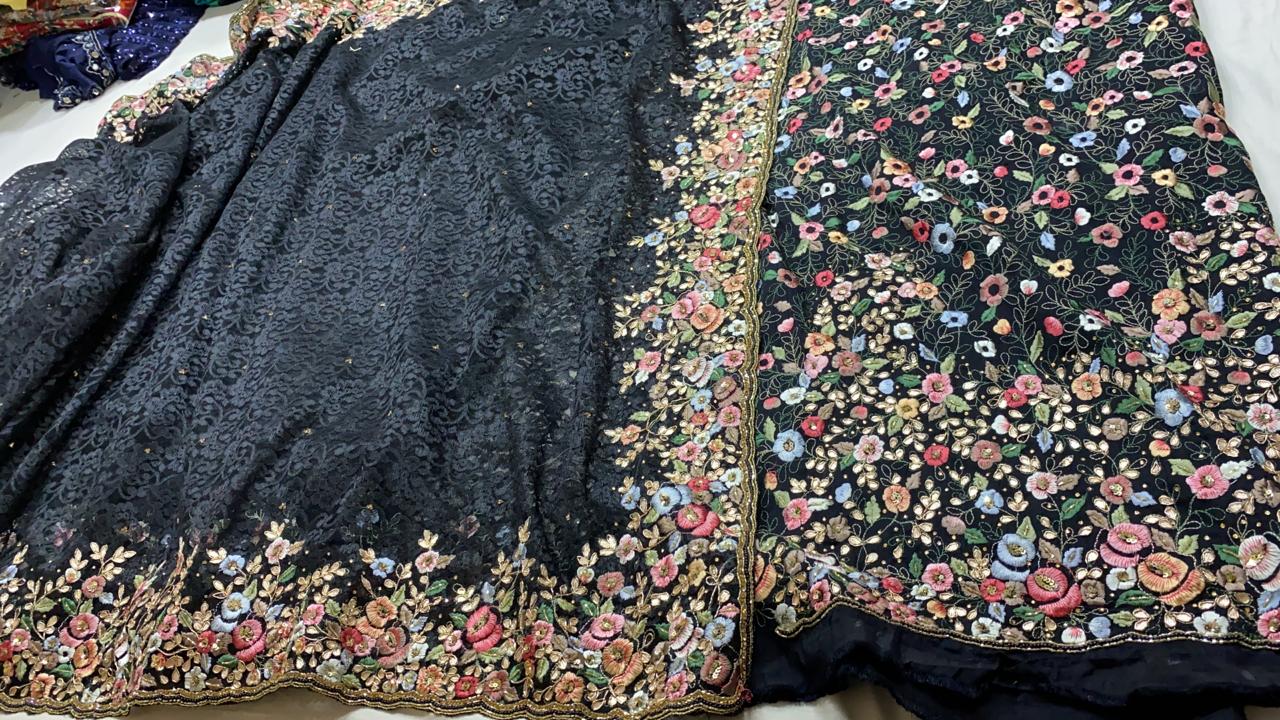 Embroidered chaintley lace saree - Saffronfashionindia