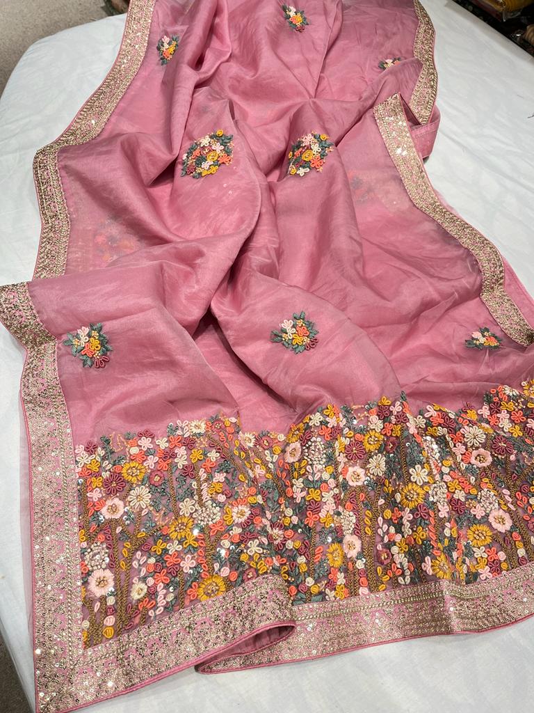 Benzie organza French knot saree - Saffronfashionindia