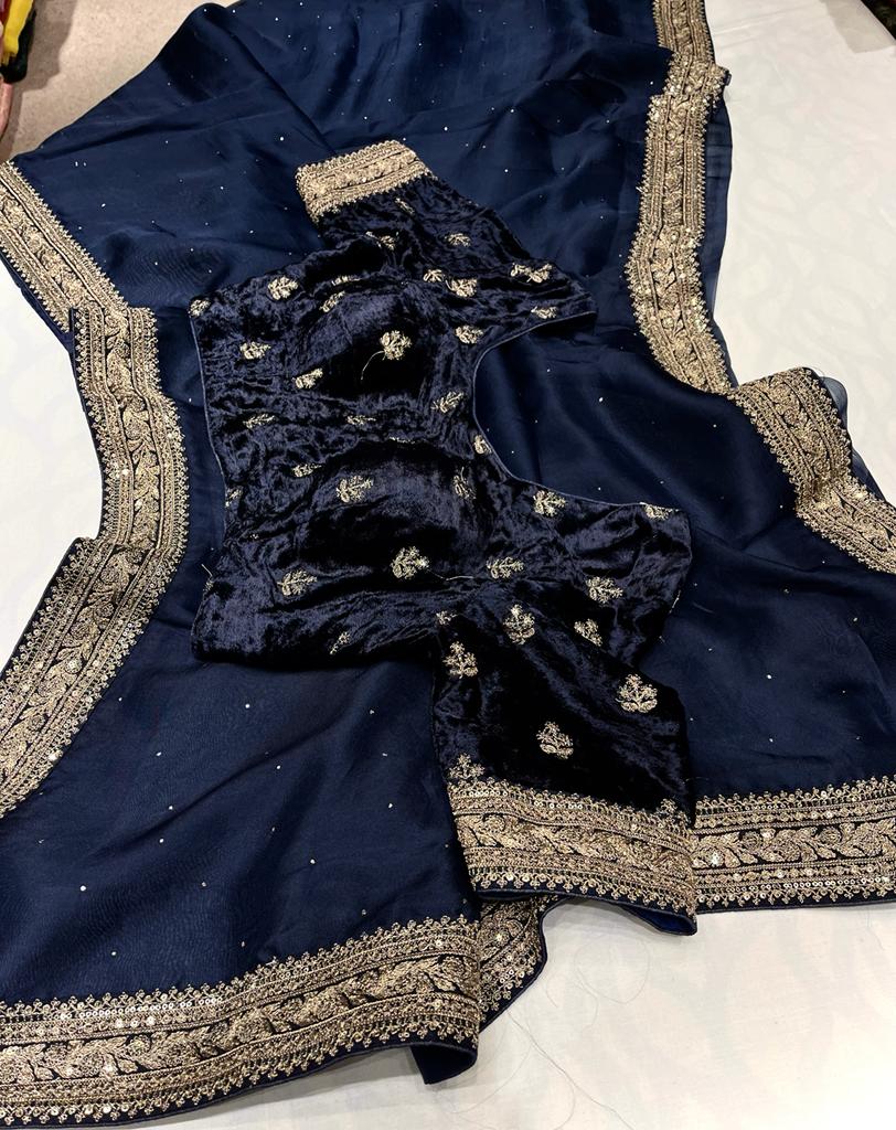 Velvet organza zardosi saree - Saffronfashionindia