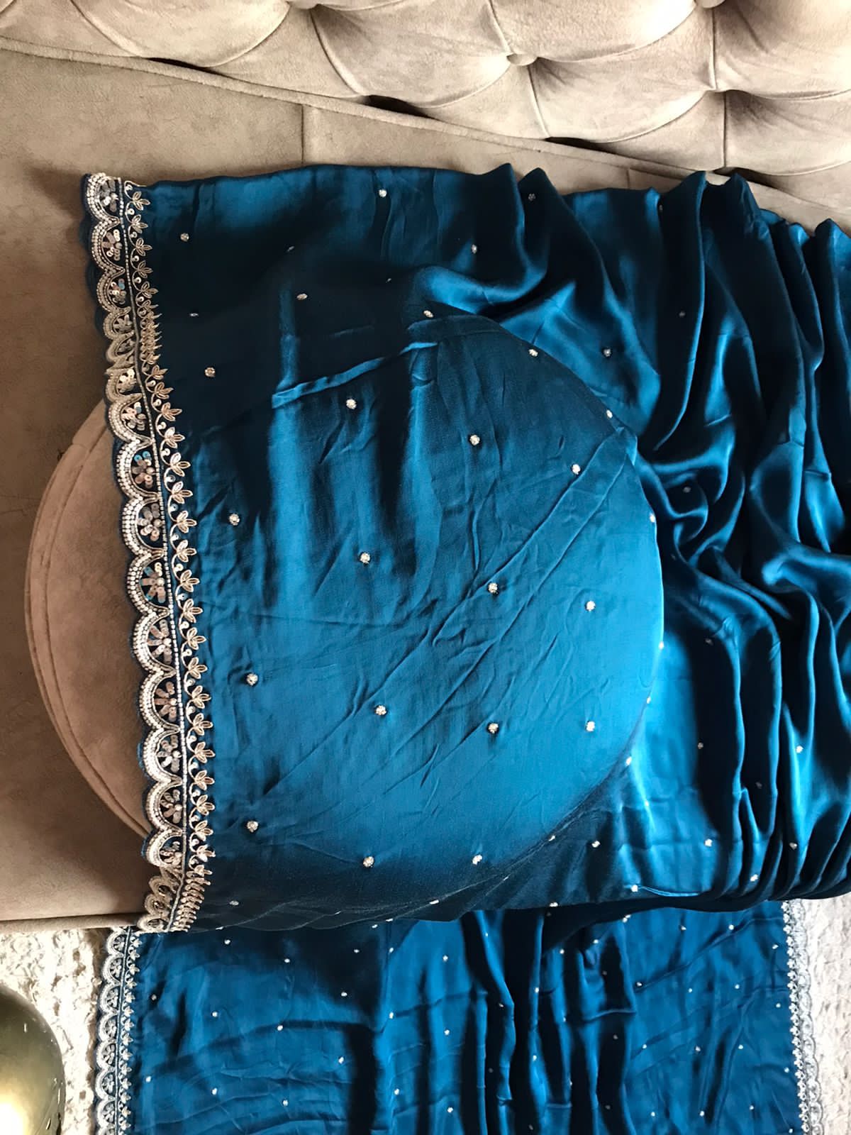 Uvi teal blue partywear saree - Saffronfashionindia