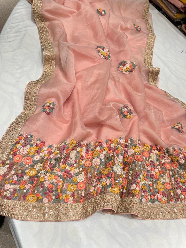 Benzie organza French knot saree - Saffronfashionindia