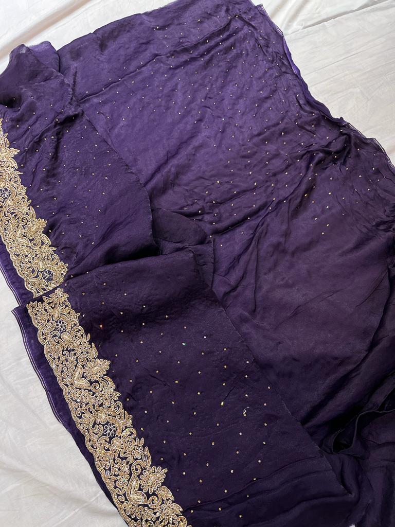 Purple zardosi crepe saree - Saffronfashionindia