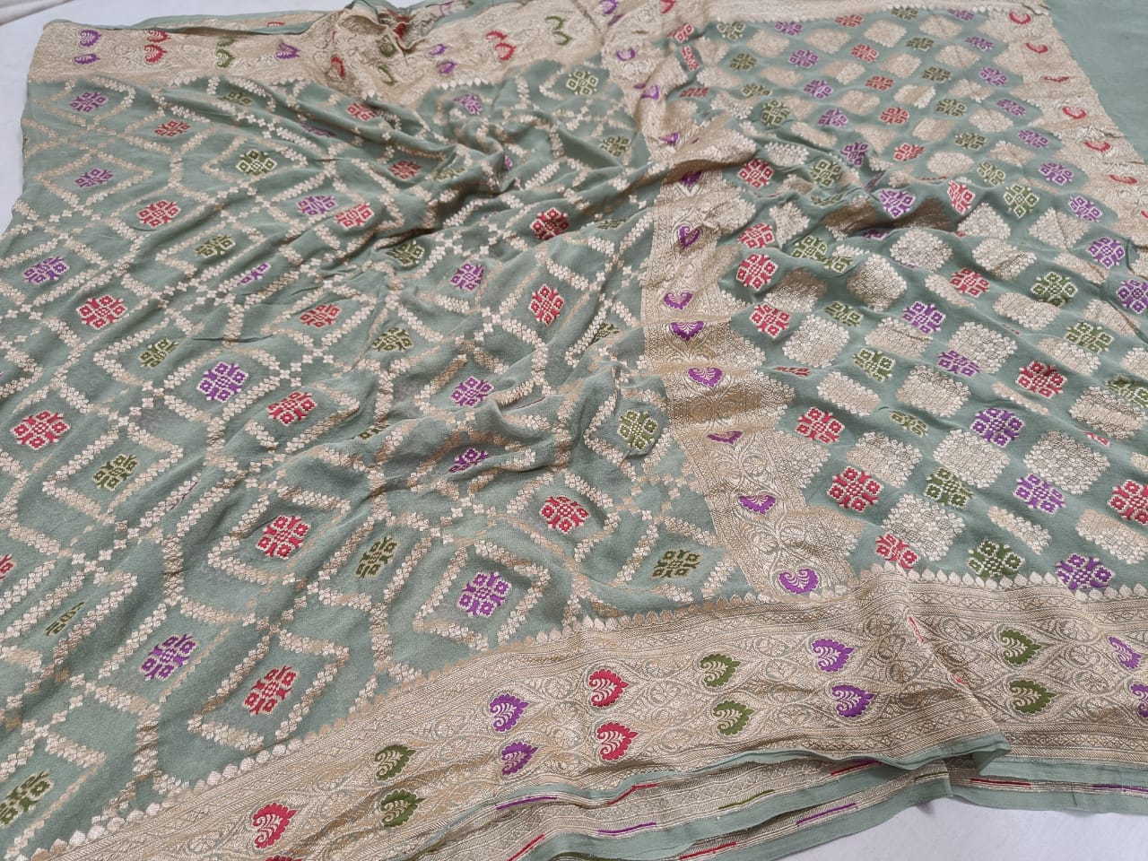 Khaddi banarsi chiffon saree/sari/gorgette saree - Saffronfashionindia