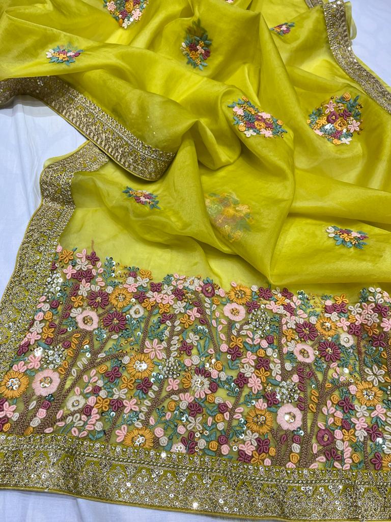 Unique organza embroidery saree - Saffronfashionindia