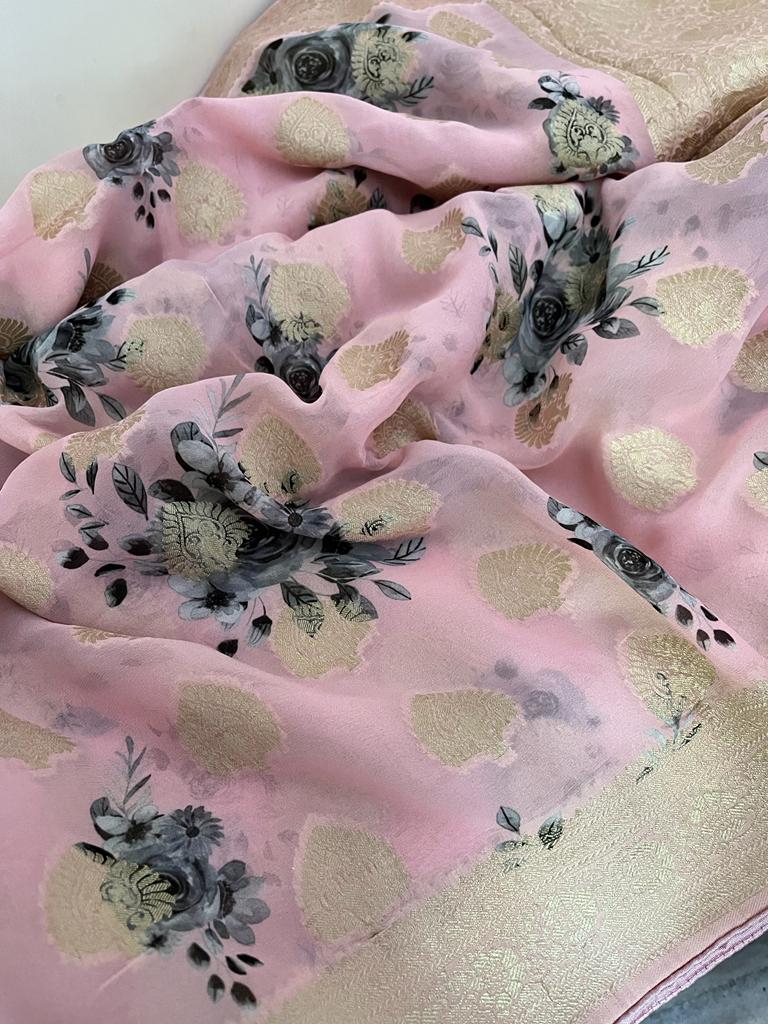 Vernia Banarsi gorgette sari Saffron fashion