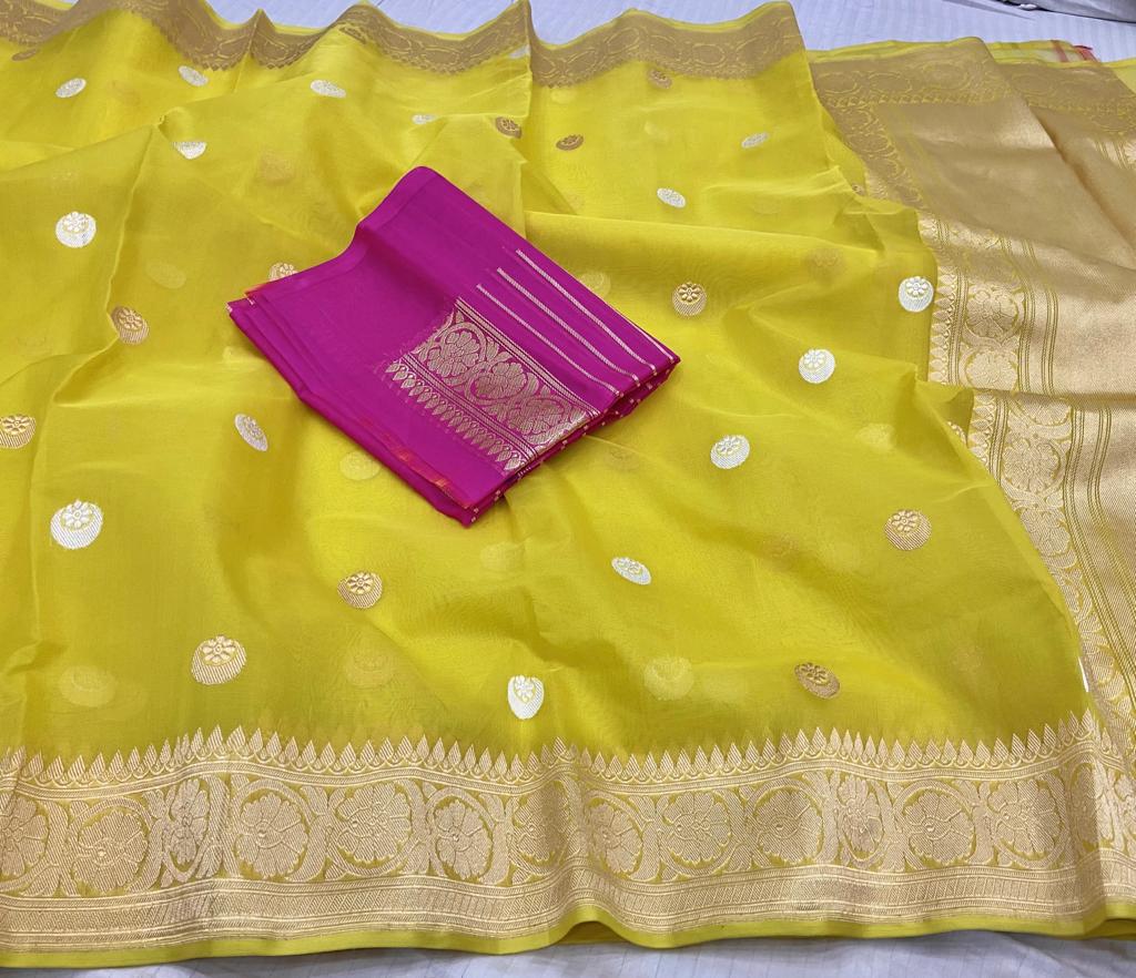 Yellow handloom kora sare - Saffronfashionindia