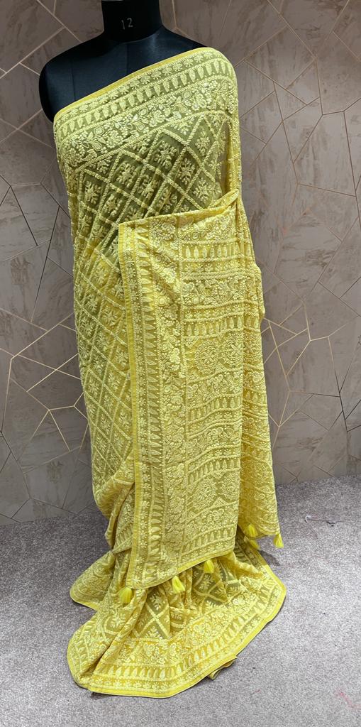 Kinzie Chikankari saree/gorgette saree - Saffronfashionindia