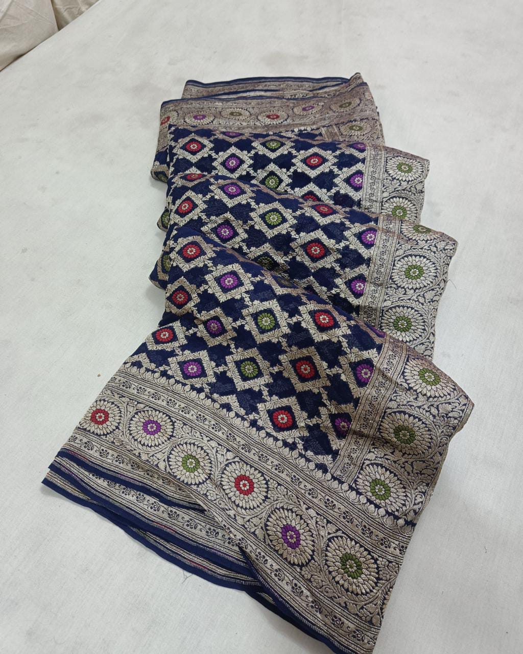 Khaddi banarsi chiffon saree/sari/gorgette saree - Saffronfashionindia