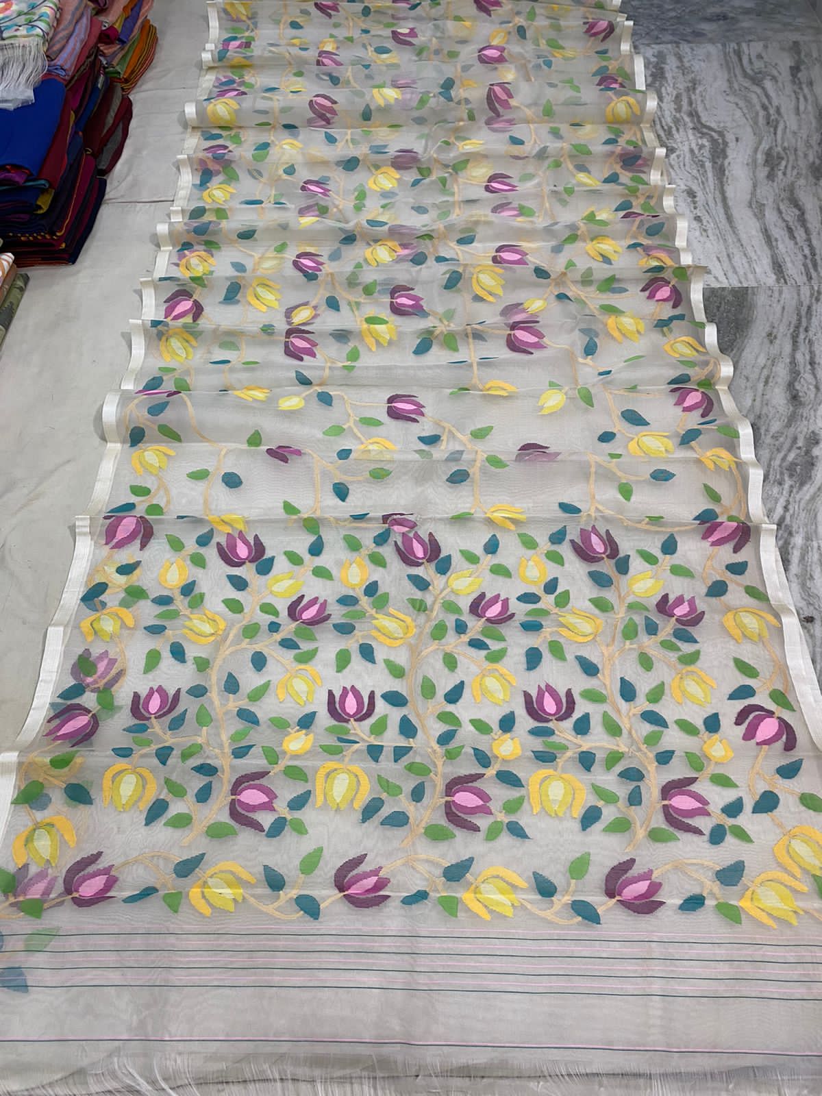 Rubeila muslin tantuj jamdani sari - Saffronfashionindia