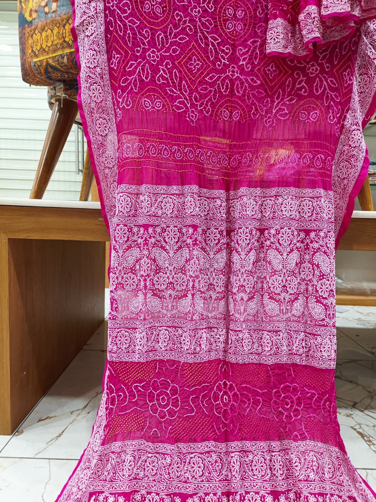 Rai bandhej Chikankari saree - Saffronfashionindia