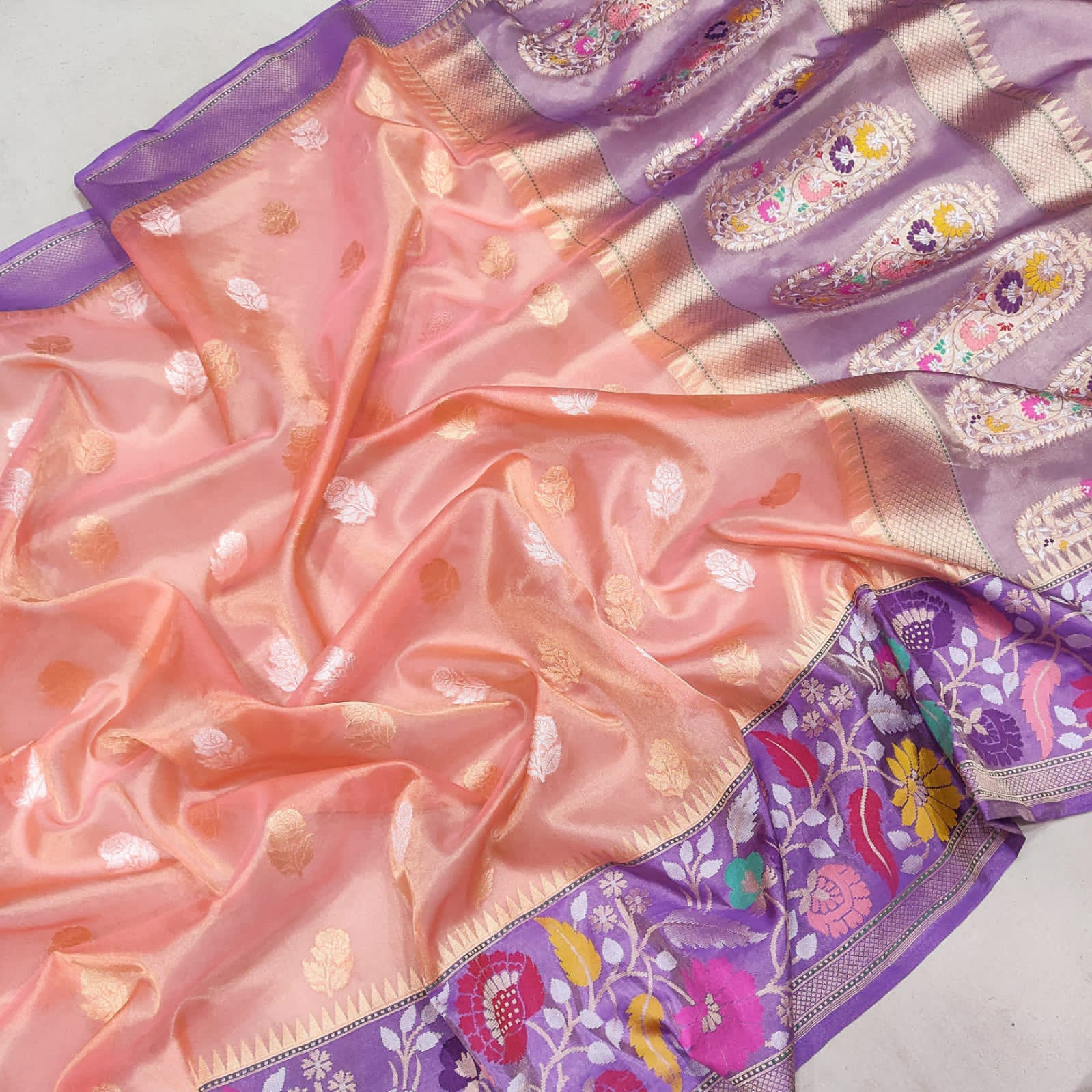 Peachy tissue handwoven Meenakari sari - Saffronfashionindia