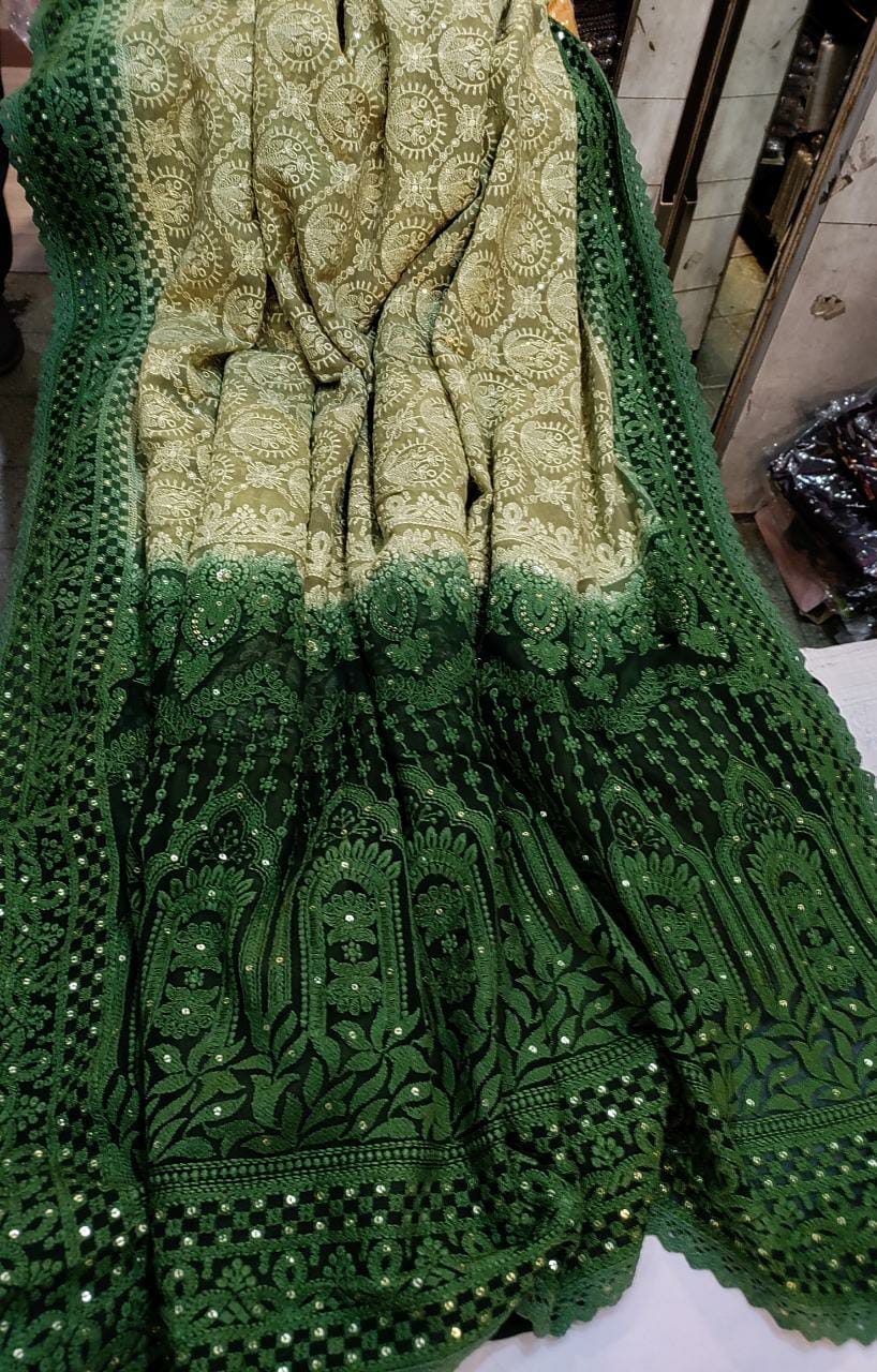 Beautiful dyed Chikankari gorgette saree - Saffronfashionindia