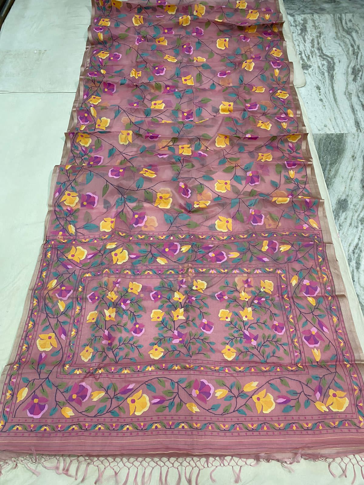 Pink muslin jamdani saree - Saffronfashionindia