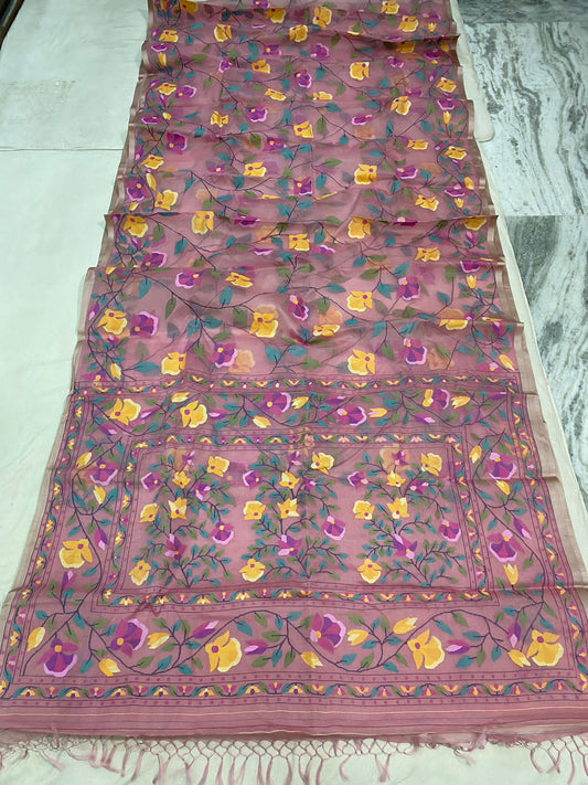 Pink muslin jamdani saree - Saffronfashionindia