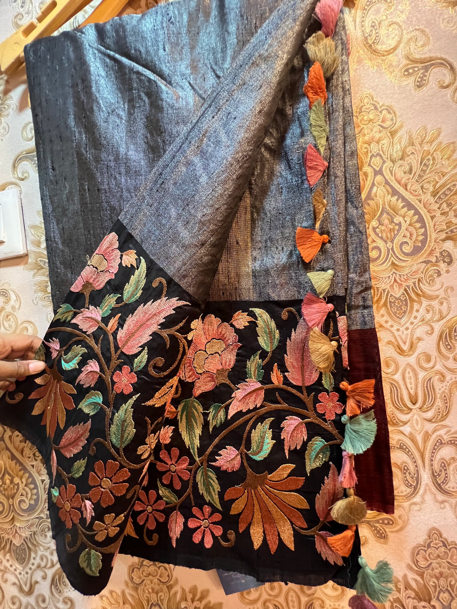 Floral embroidered tussar saree - Saffronfashionindia