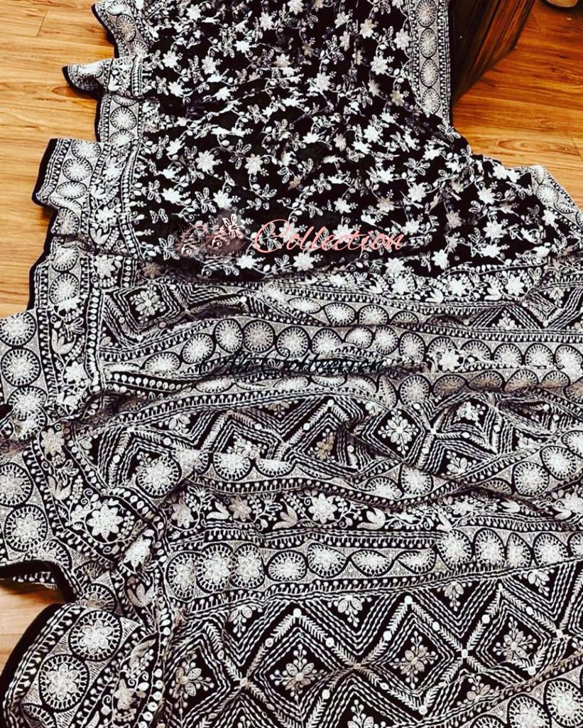 Black Chikankari saree - Saffronfashionindia