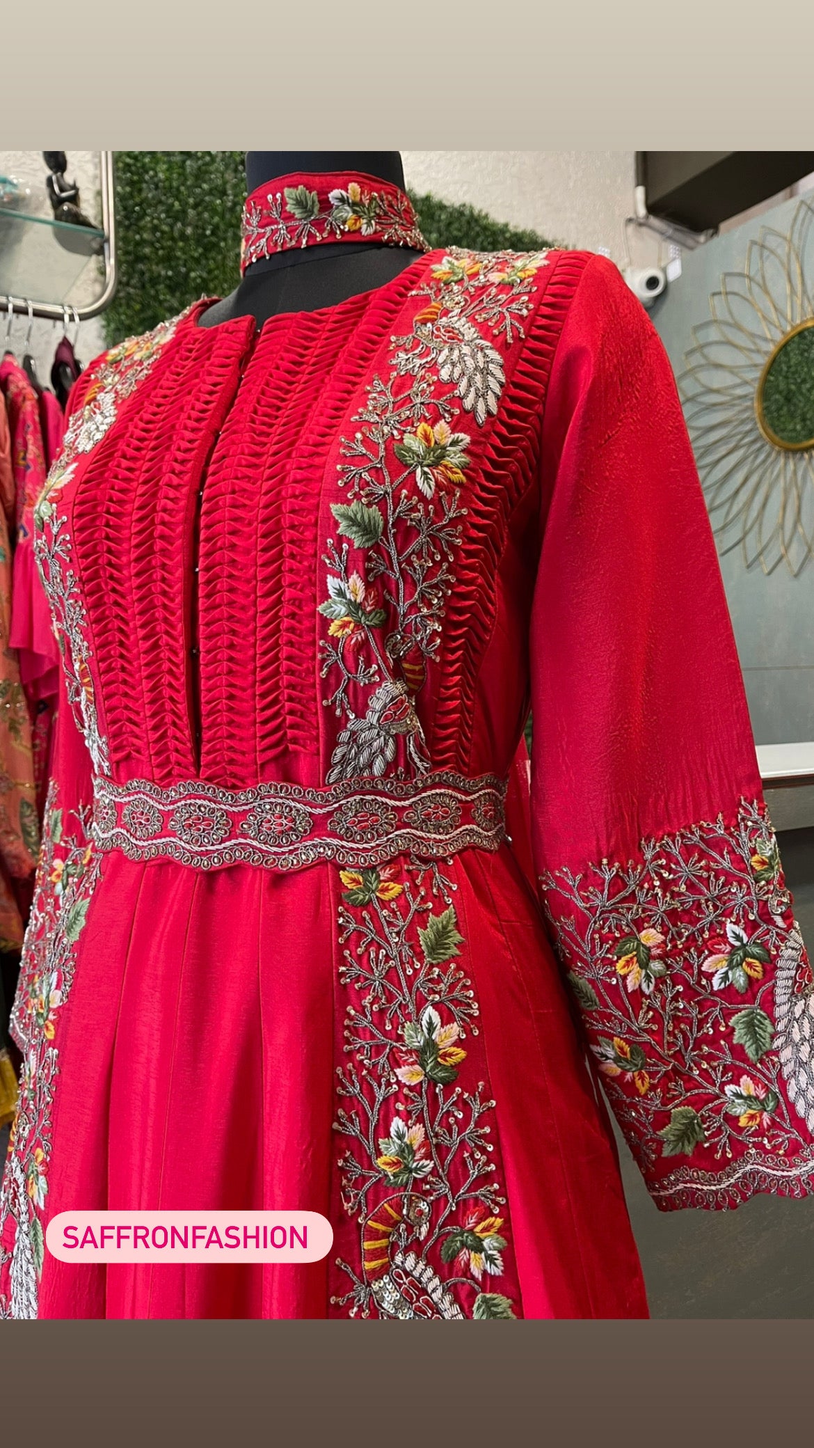 Red jamawar silk anarkali dress - Saffronfashionindia