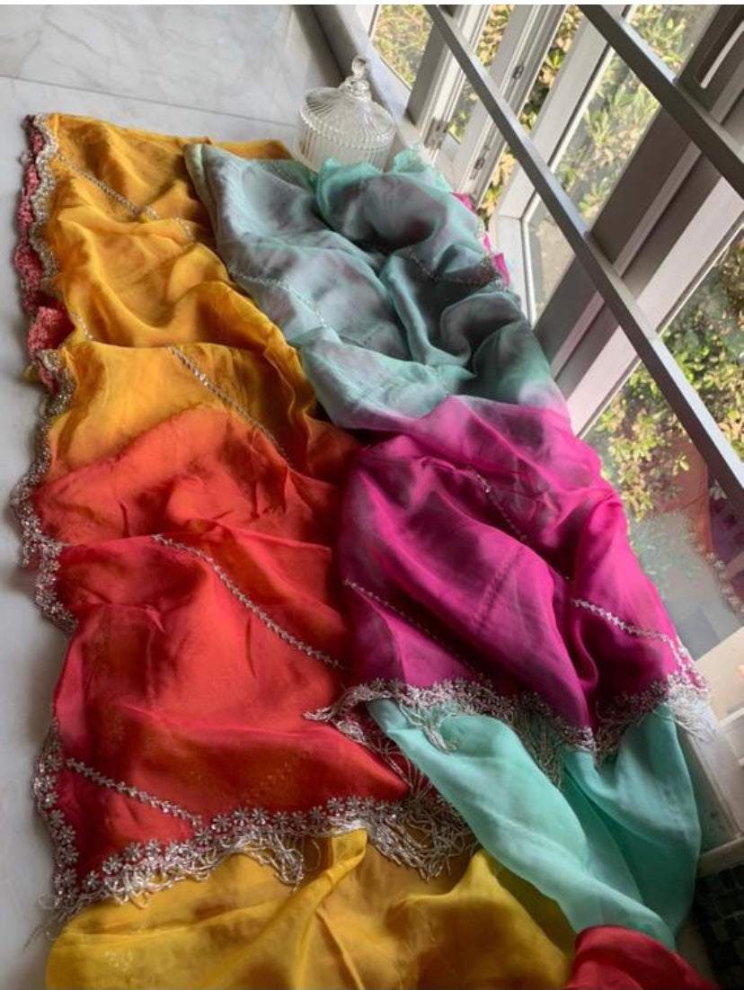 Shaded organza saree partywear sar women sarees blouse SaffronFashion