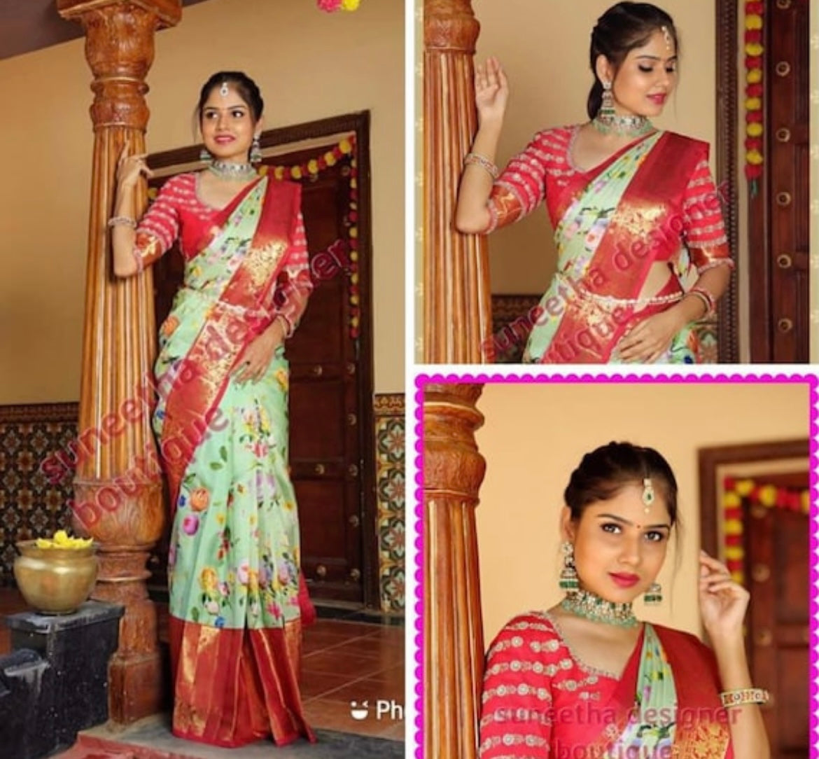 Kanchipuram floral silk saree - Saffronfashionindia