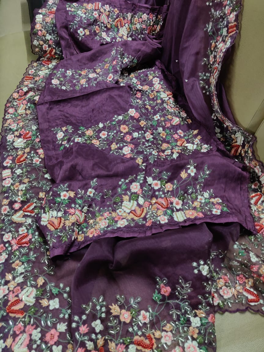 Lilac organza saree - Saffronfashionindia