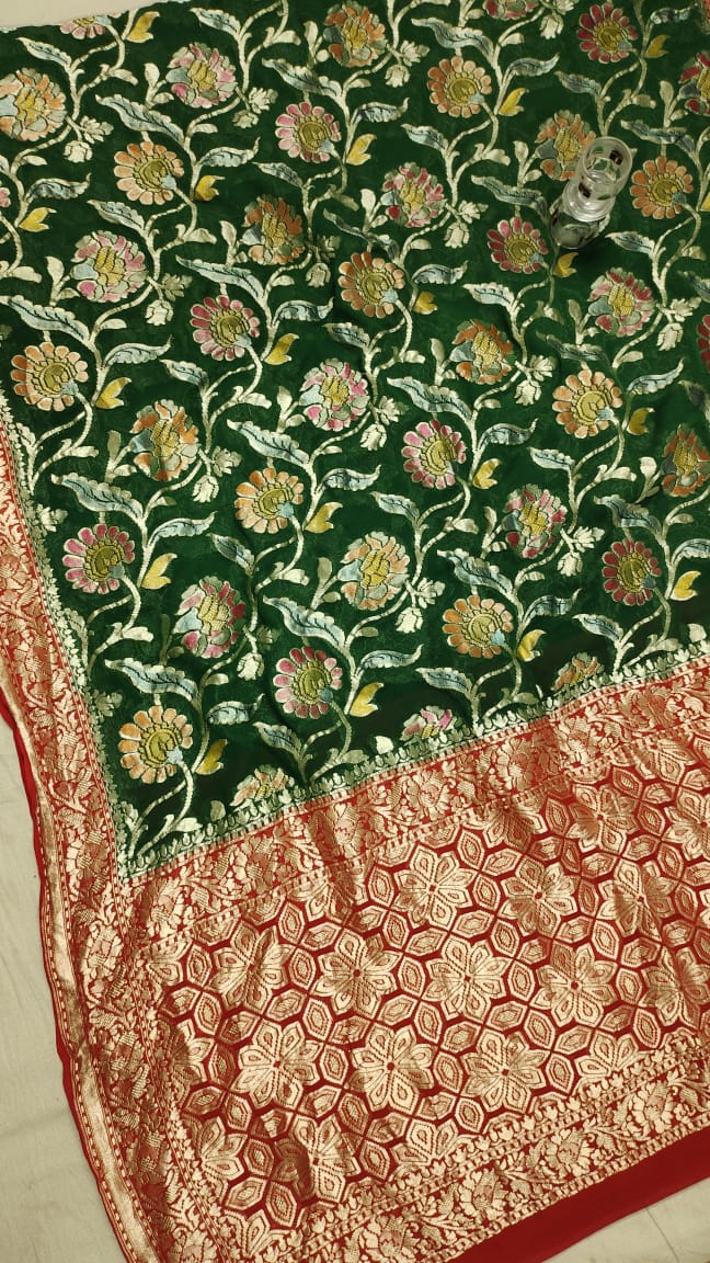 Water zari Meenakari khaddi gorgette saree - Saffronfashionindia