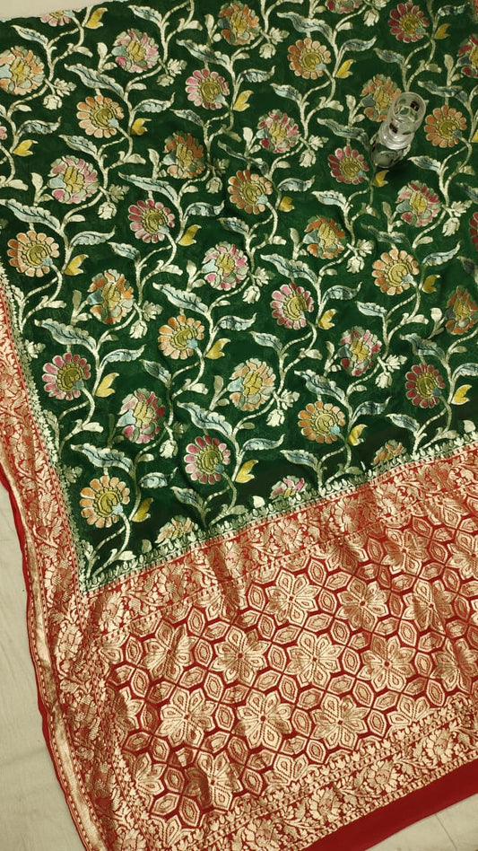 Water zari Meenakari khaddi gorgette saree - Saffronfashionindia