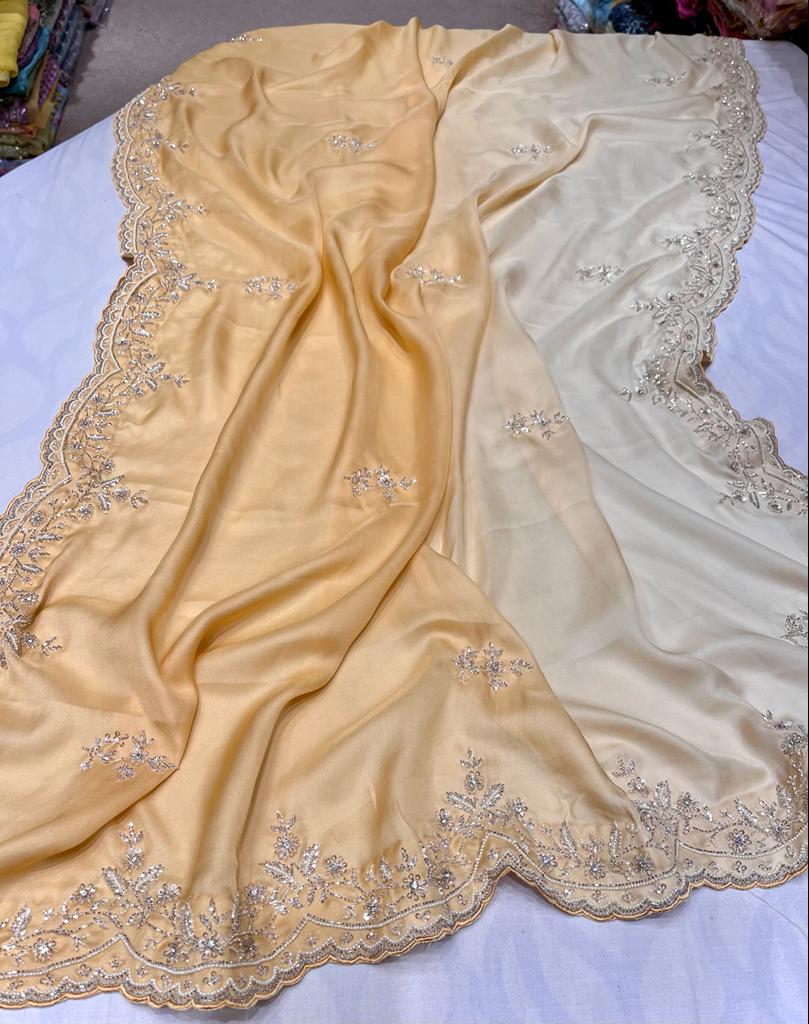 Satin shaded zardosi partywear saree - Saffronfashionindia