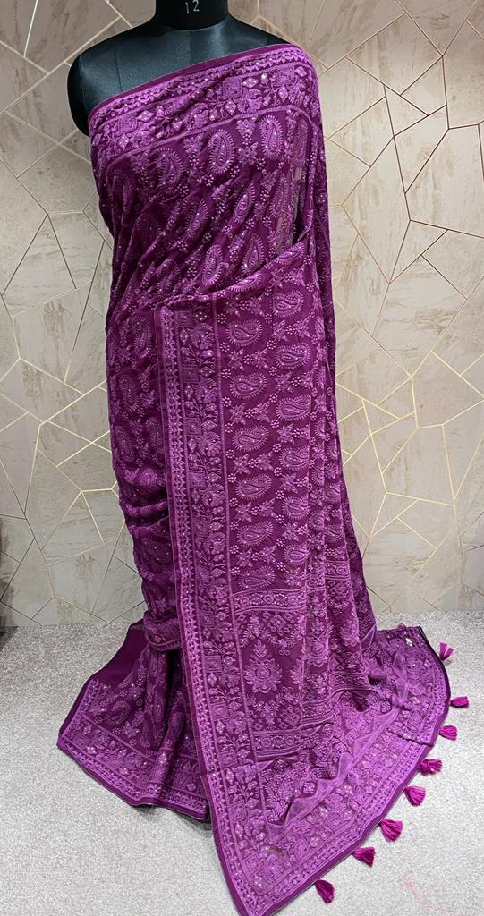 Kinzie Chikankari saree/gorgette saree - Saffronfashionindia
