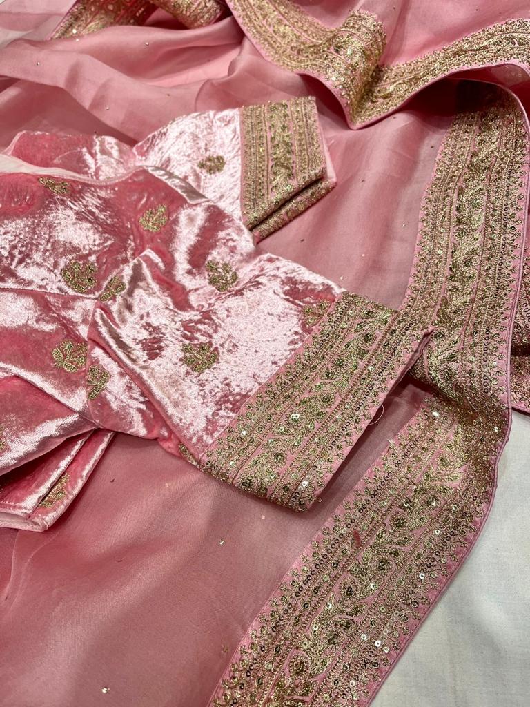 Velvet organza zardosi saree - Saffronfashionindia