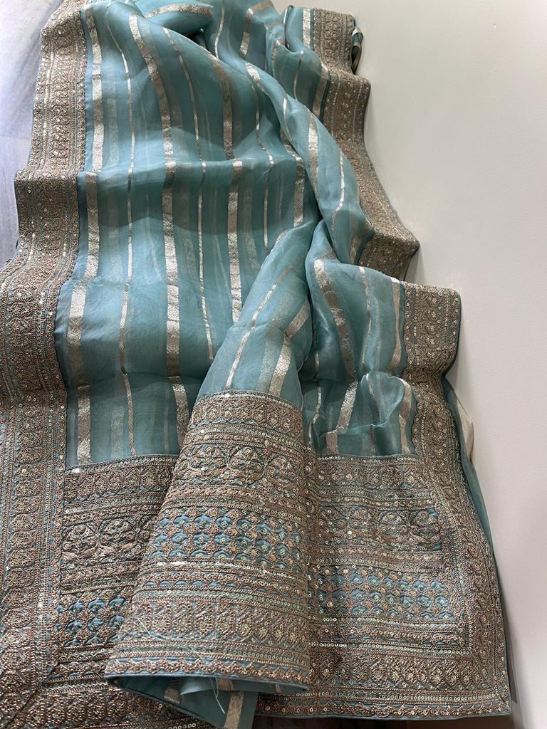 Kora striping sequins saree - Saffronfashionindia