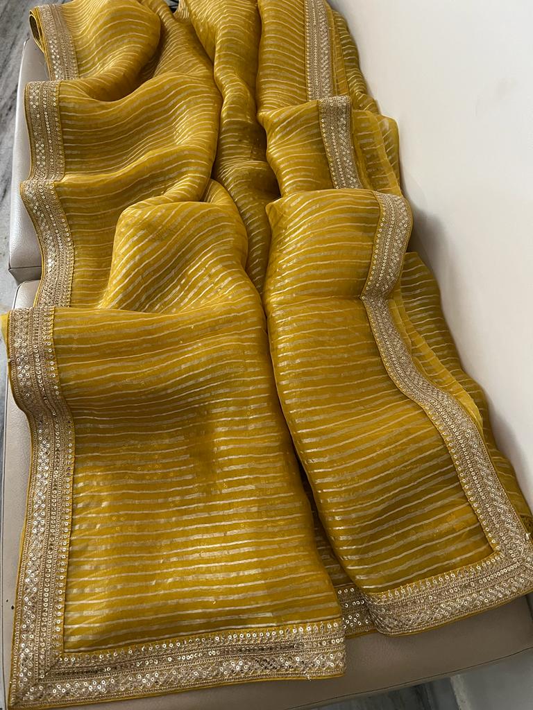 Blosom organza striped saree - Saffronfashionindia