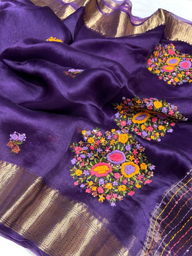 Kanchi organza Frenchknot saree - Saffronfashionindia