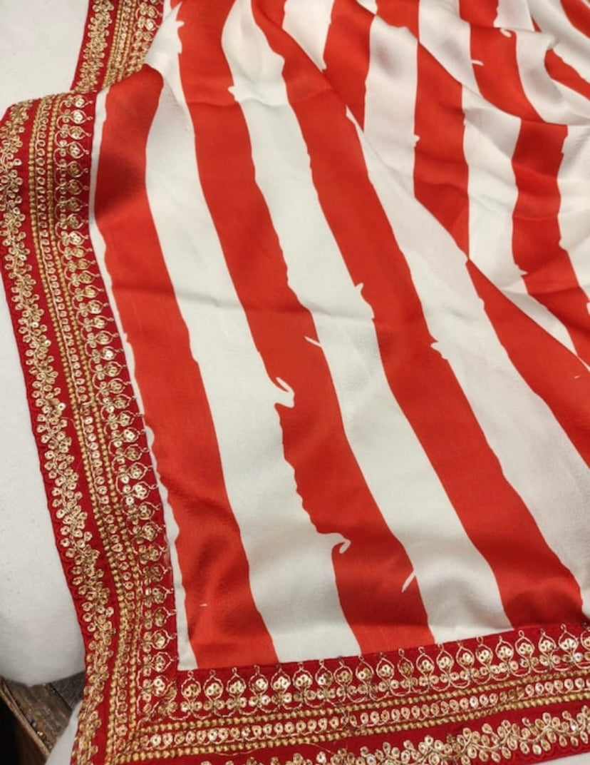 Striped satin saree - Saffronfashionindia