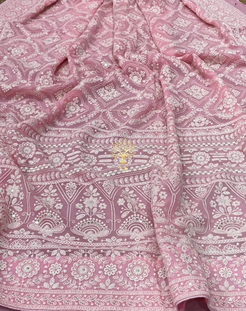 Pink beautiful Chikankari saree - Saffronfashionindia