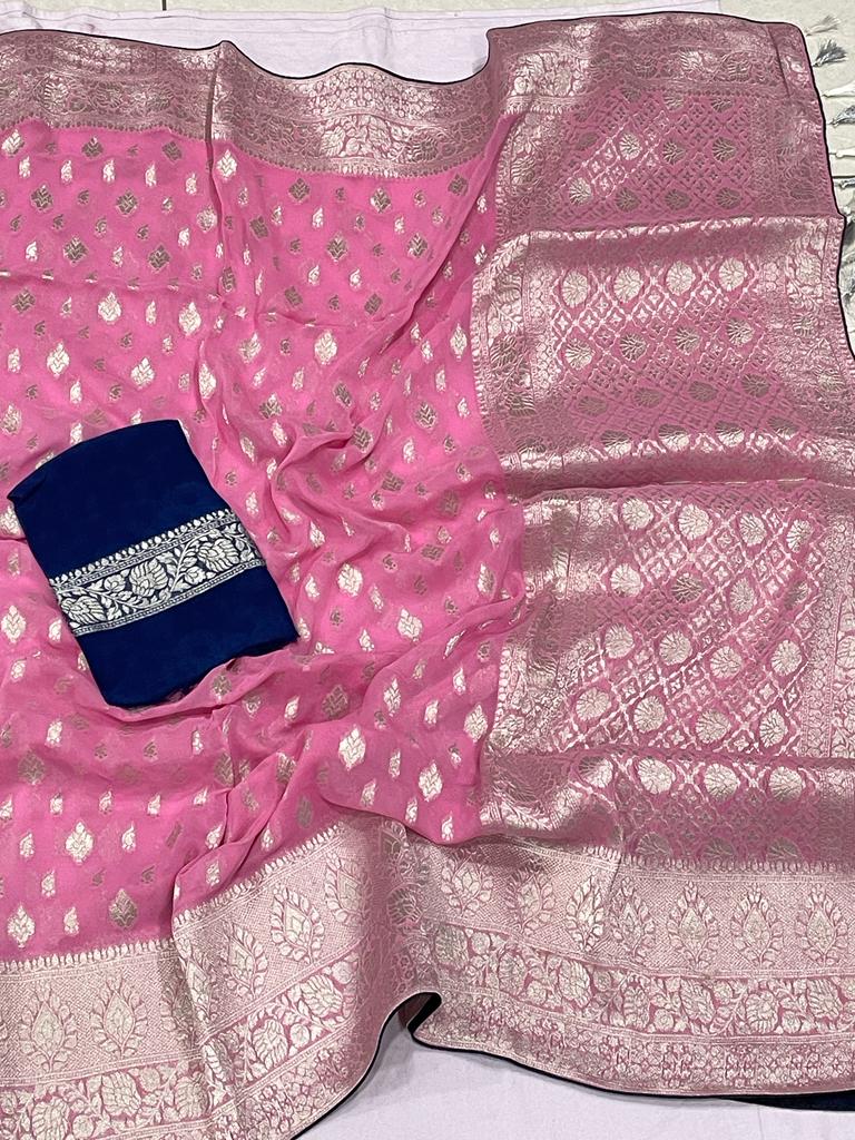 Banarsi khaddi gorgette saree - Saffronfashionindia