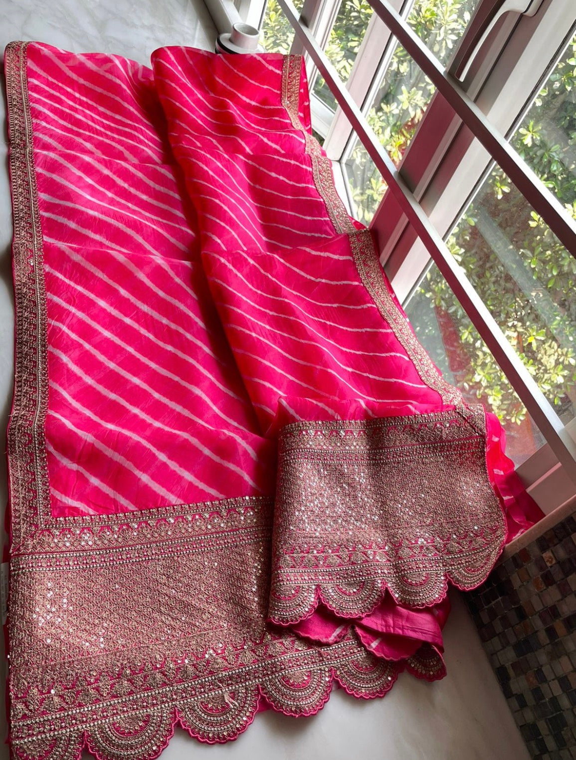 Lehariya organza embroidered saree - Saffronfashionindia