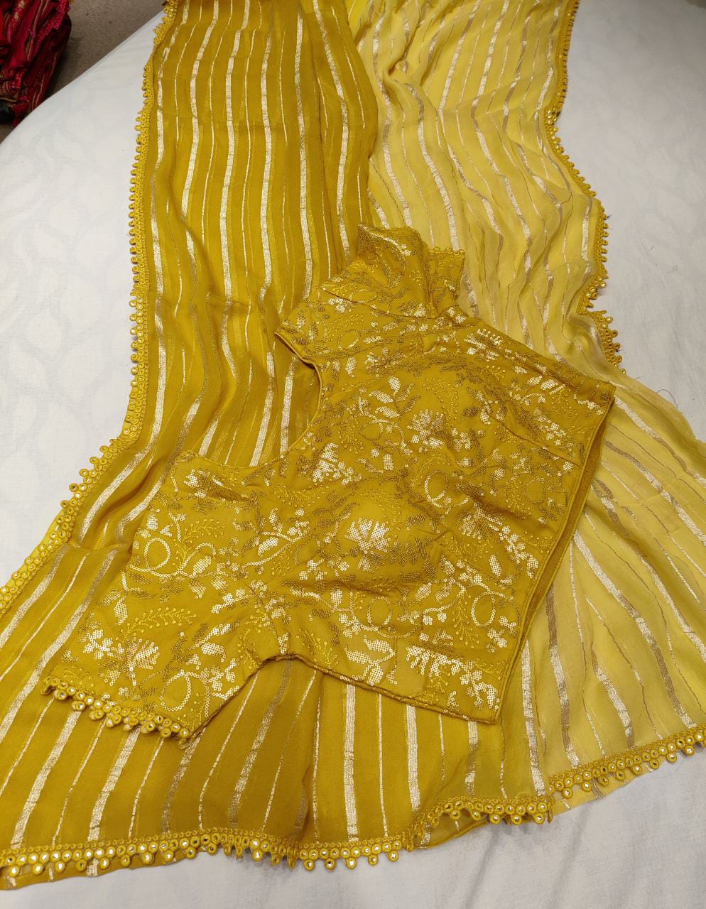 Holly gorgette stripes zari saree - Saffronfashionindia