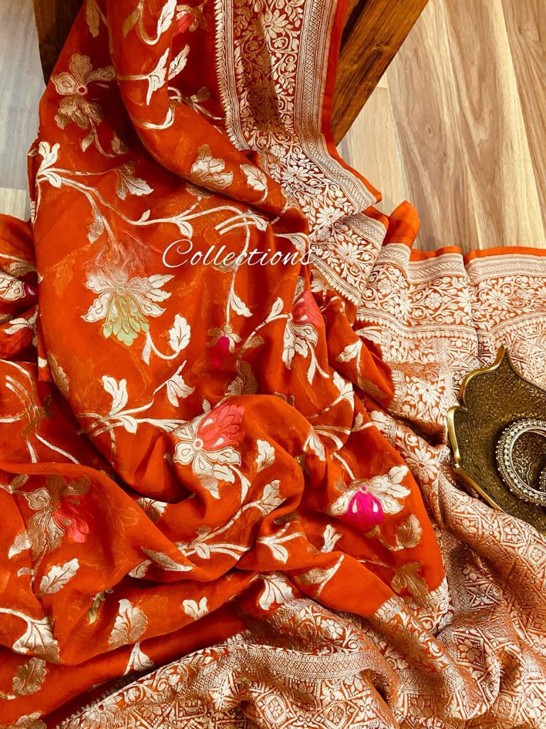 Orange Handwoven Banarsi Saree Saffronfashionindia Orange Handwoven Banarsi Saree Saffronfashionindia