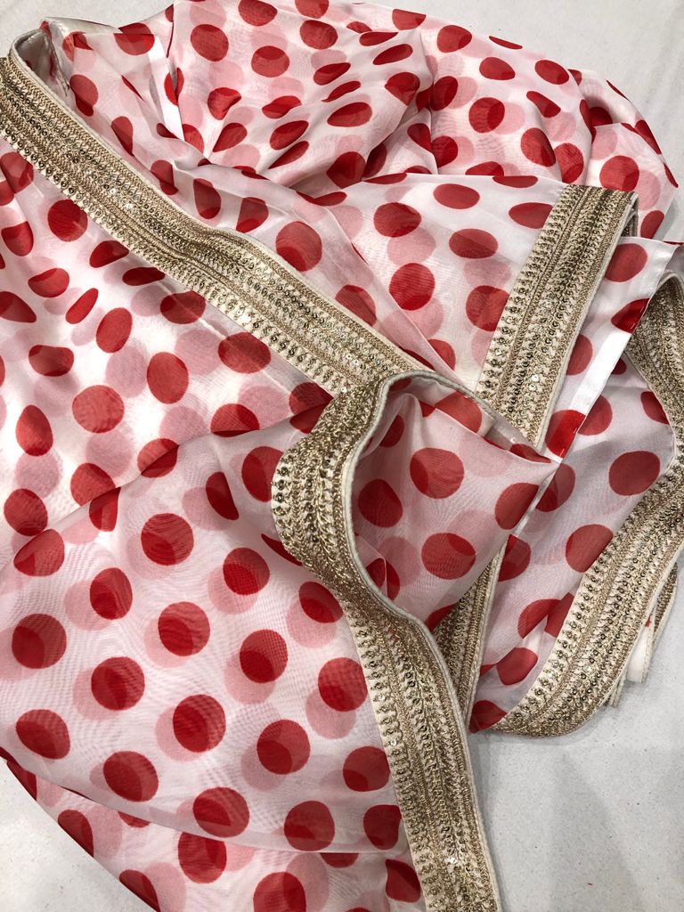 Zardosi bordered polka dot saree - Saffronfashionindia