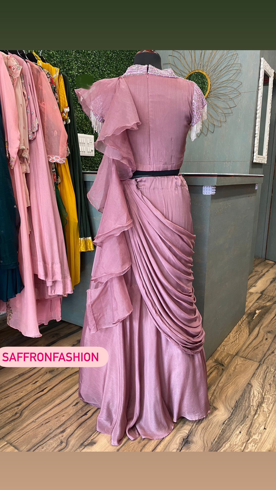 Chinon pink frilled  dress - Saffronfashionindia