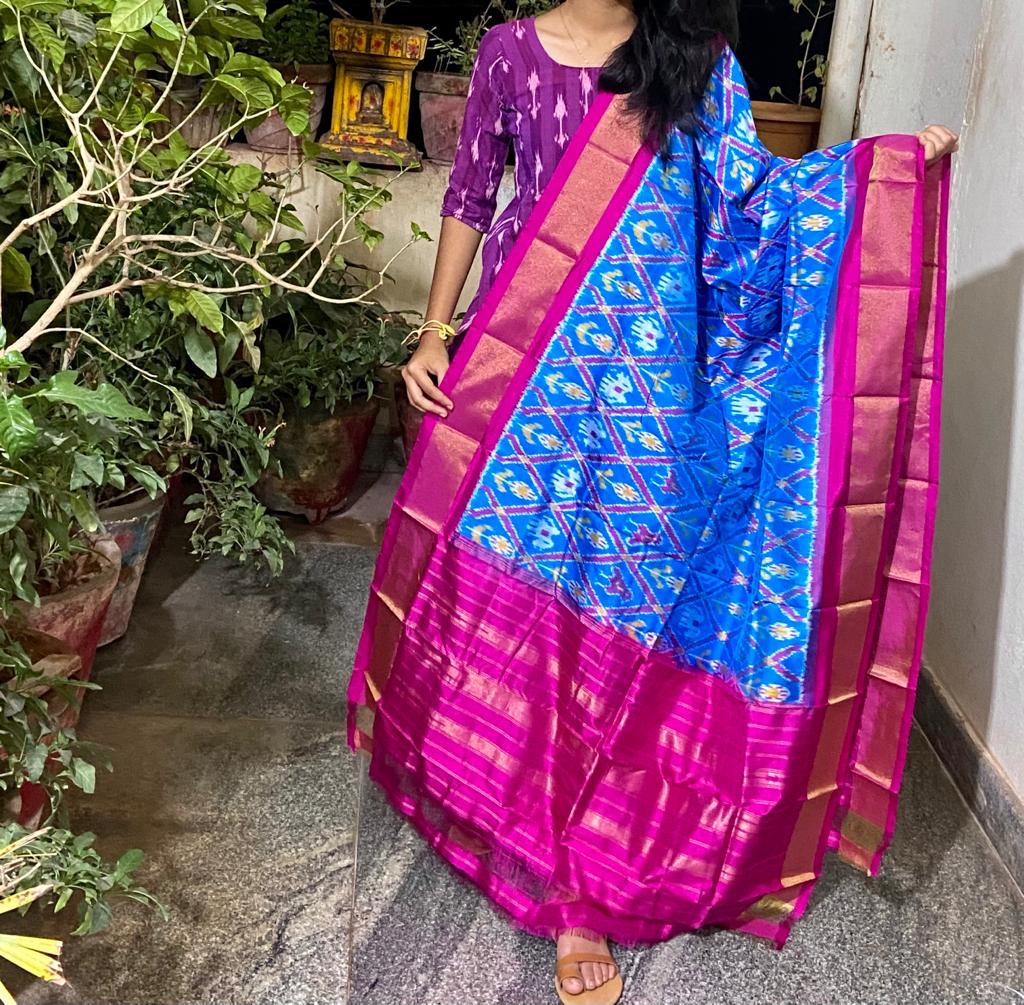 Ikkat Pattu dupatta - Saffronfashionindia