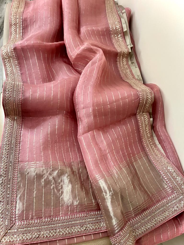 Ruhafza striped organza sequins saree party wear saree blouse - Saffronfashionindia