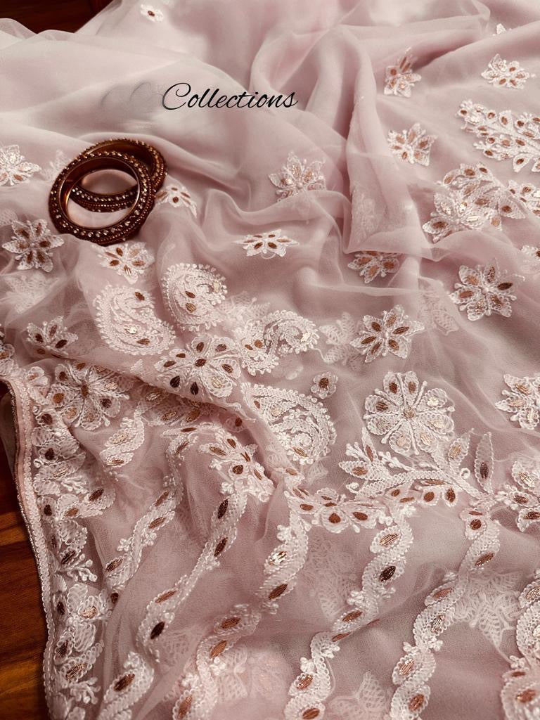 Varnia baby pink Chikankari saree - Saffronfashionindia