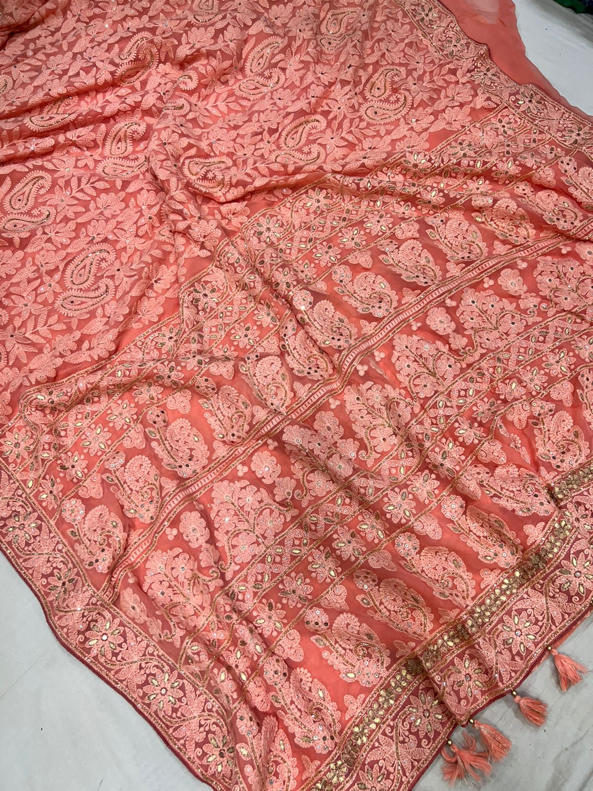 Jinnah Chikankari gottapatti saree - Saffronfashionindia
