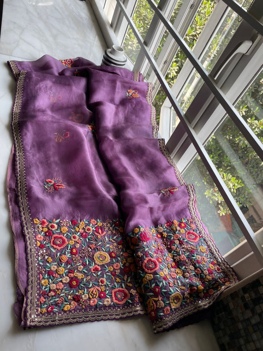 Lavender inspired organza saree/embroidered saree/sari - Saffronfashionindia