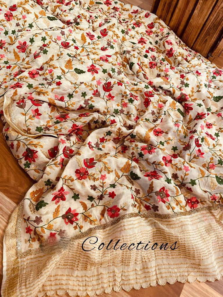 Anehna embroidery saree women sari floral sari - Saffronfashionindia