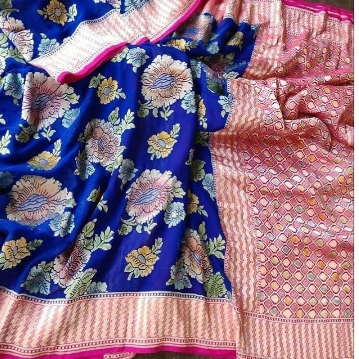 Water zari Meenakari khaddi gorgette saree - Saffronfashionindia