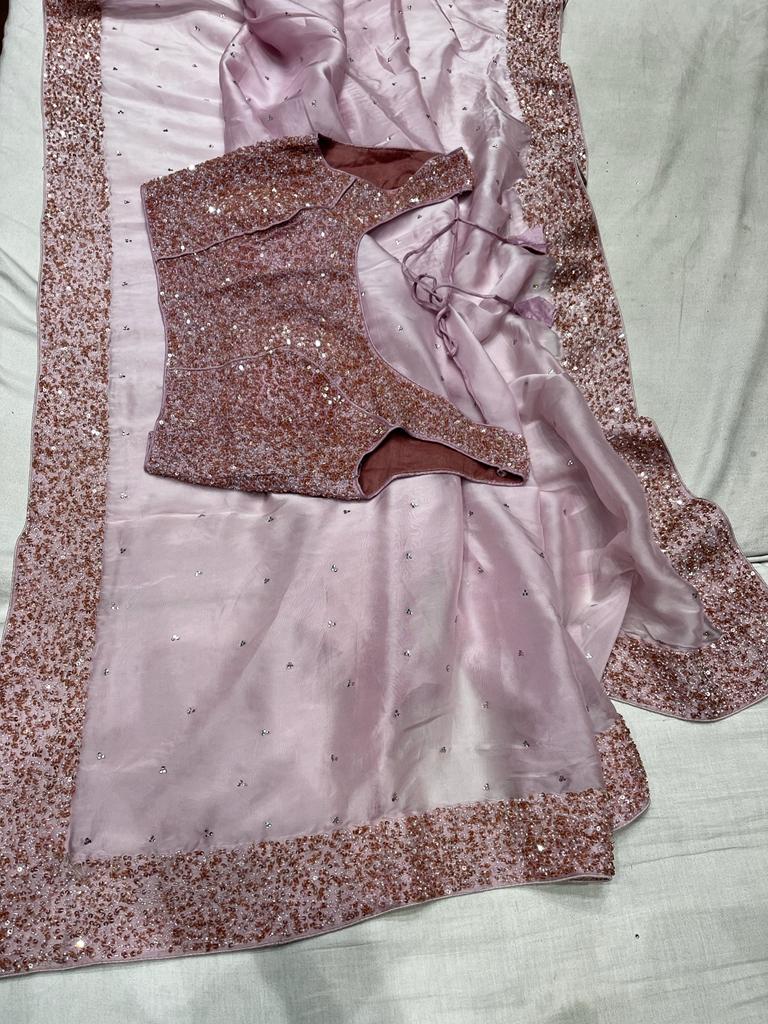 Purple handwork organza sari - Saffronfashionindia