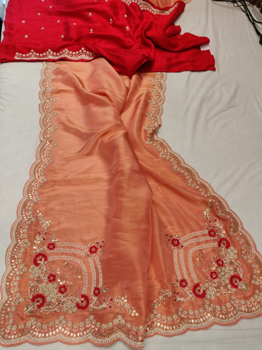 Peachy peach gorgette saree - Saffronfashionindia