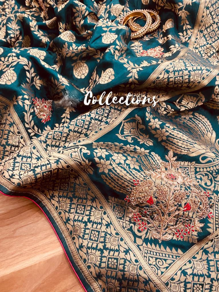 Karina zardosi Munga saree - Saffronfashionindia
